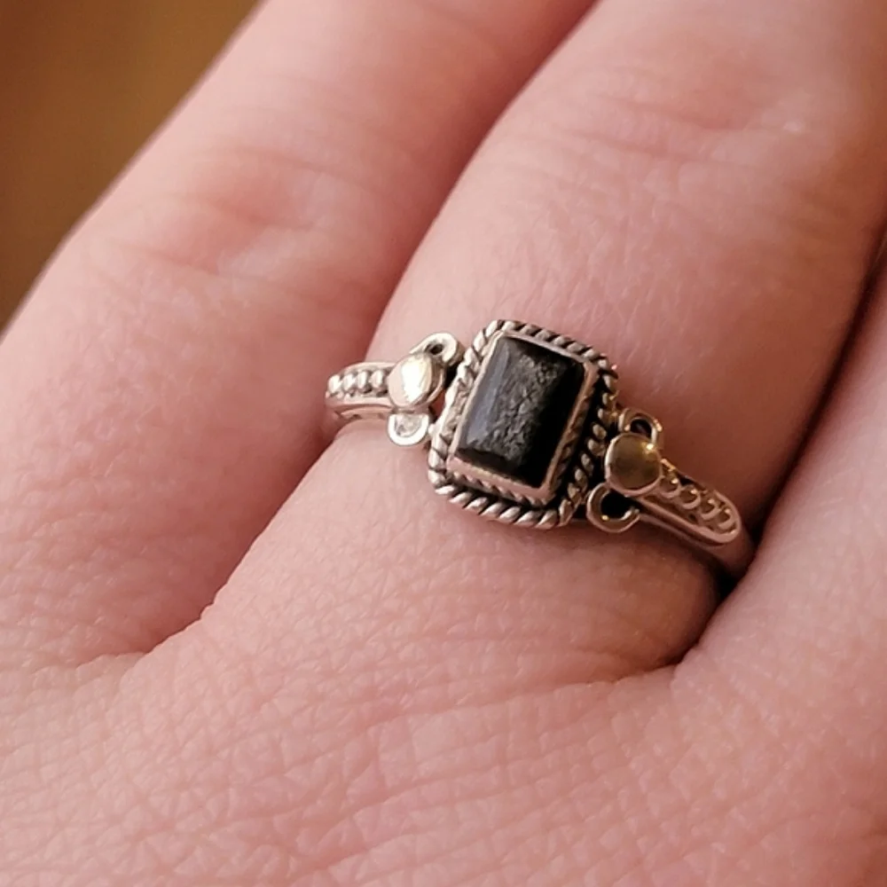 Black Obsidian Sterling Silver Orion Ring Filigree Sheen Cabochon